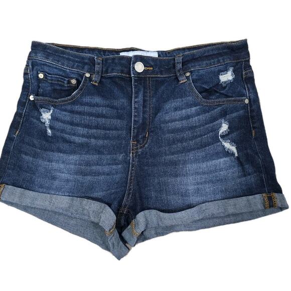 Indigo Rein Womens Distressed Denim Shorts Size 15 Dark Wash Cuffed Travel - Picture 2 of 10